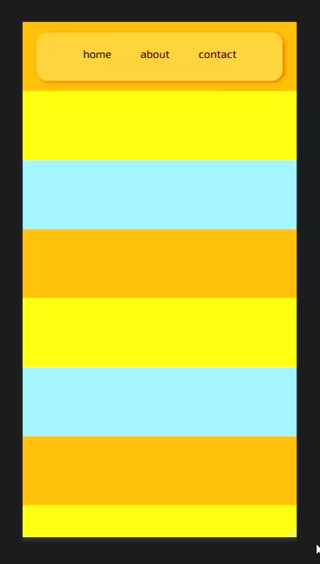 This is a short video where it just shows the navbar from the jaggery library. To show the transparency the page is built with a lots of vertical boxes each with alternate colours in the order blue, orange, yellow. This coloured page is scrolled to show how the transparency of the jaggery navbar changes. At the end the mouse is hovered over the navbar links, which highlights the link with white color.