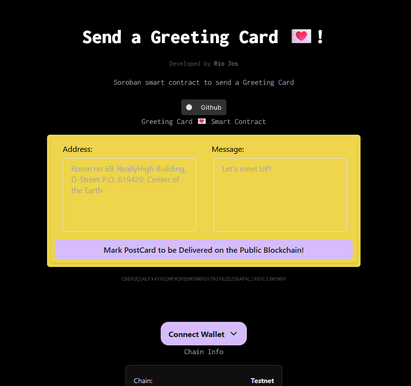 A Web3 Dapp preview, of lekhanam project, I built. It shows a simgle page component of a yellow letter. Where users can type in the address and message. With a button that says 'Mark Postcard to be Delivered on the Public Blockchain'. And there's also a web3 connect wallet button just below it. Making it easier to connect wallet and send a postcard.